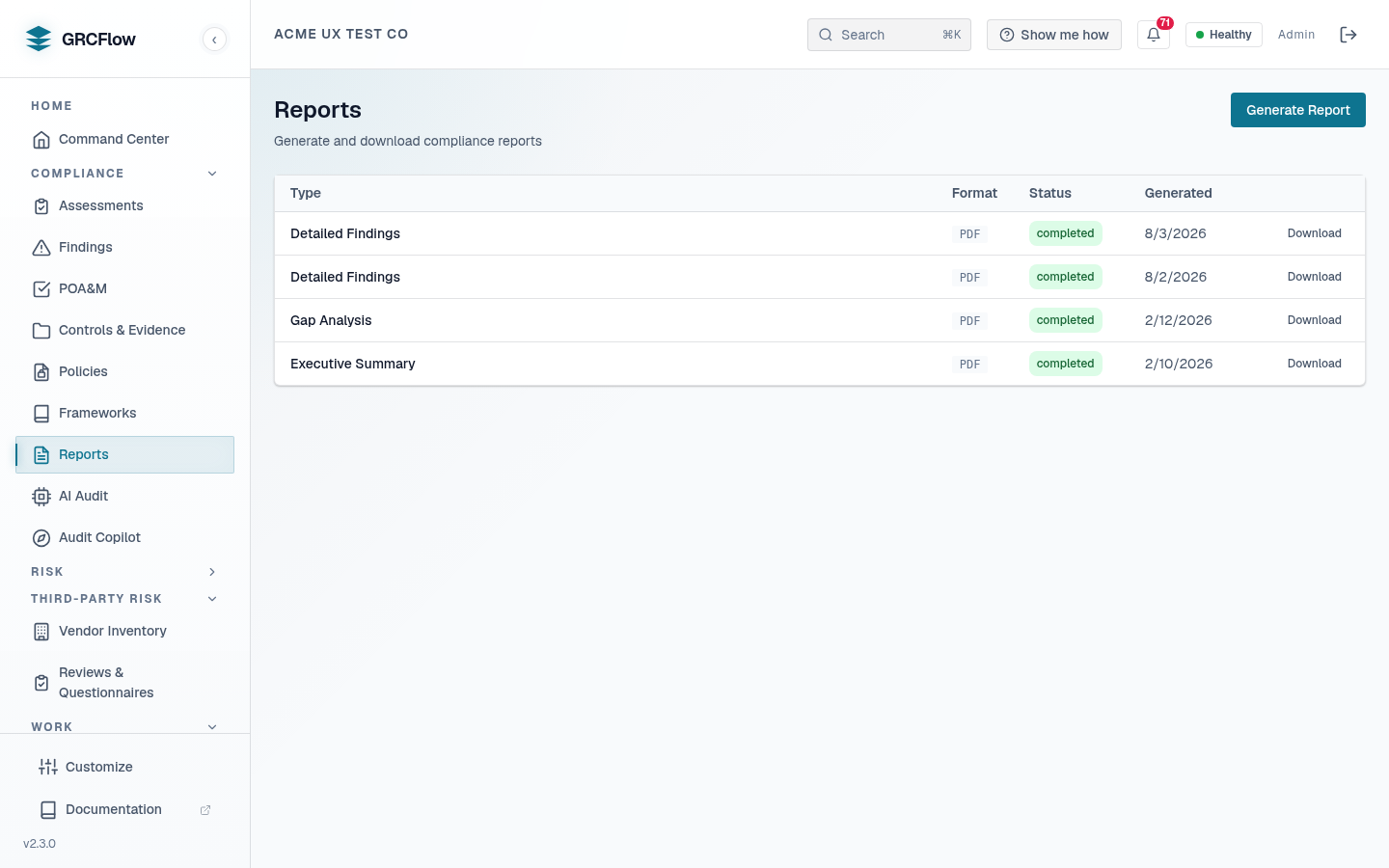 The GRCFlow reports screen offering detailed findings, gap analysis and executive summary reports as generated PDF downloads.