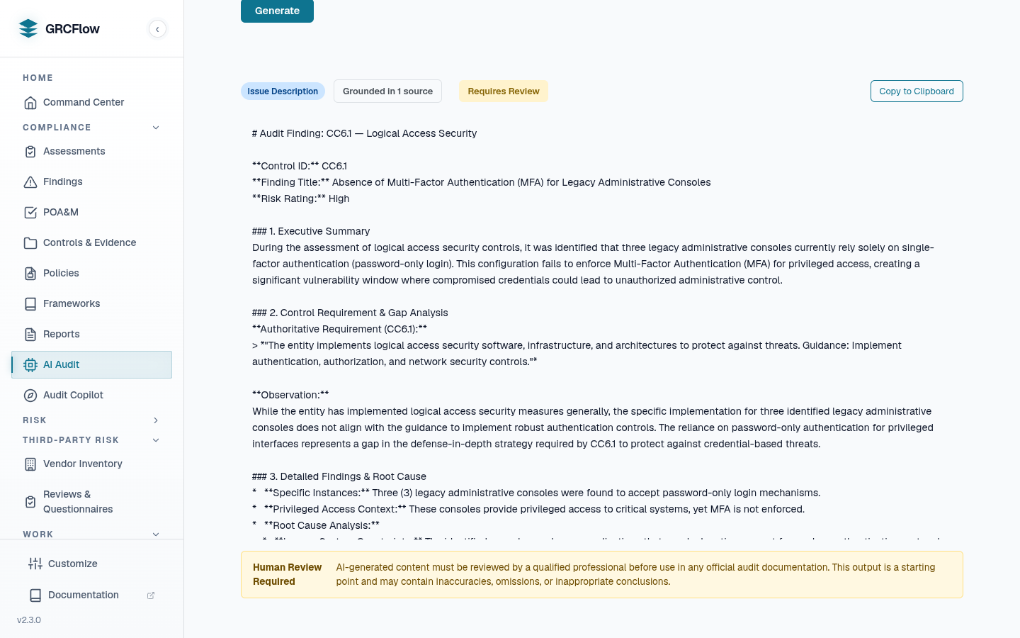 A GRCFlow AI audit finding with executive summary and root-cause detail, carrying a Human Review Required banner before it can be accepted.