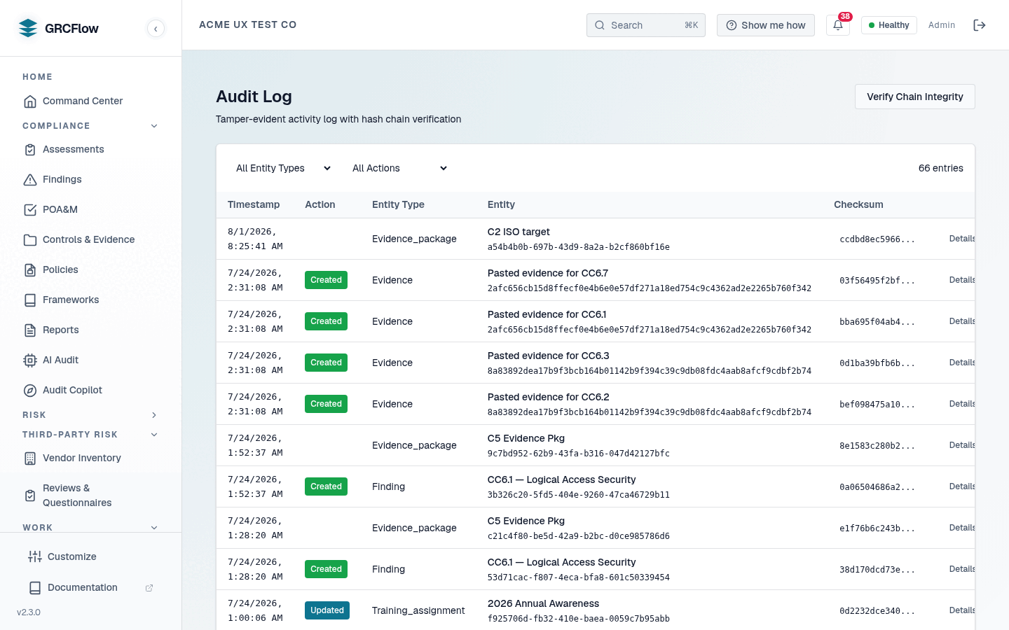 The GRCFlow audit log, described in the product as a tamper-evident activity log with hash chain verification: rows of timestamp, action, entity type, entity id and SHA-256 checksum, with a Verify Chain Integrity button.