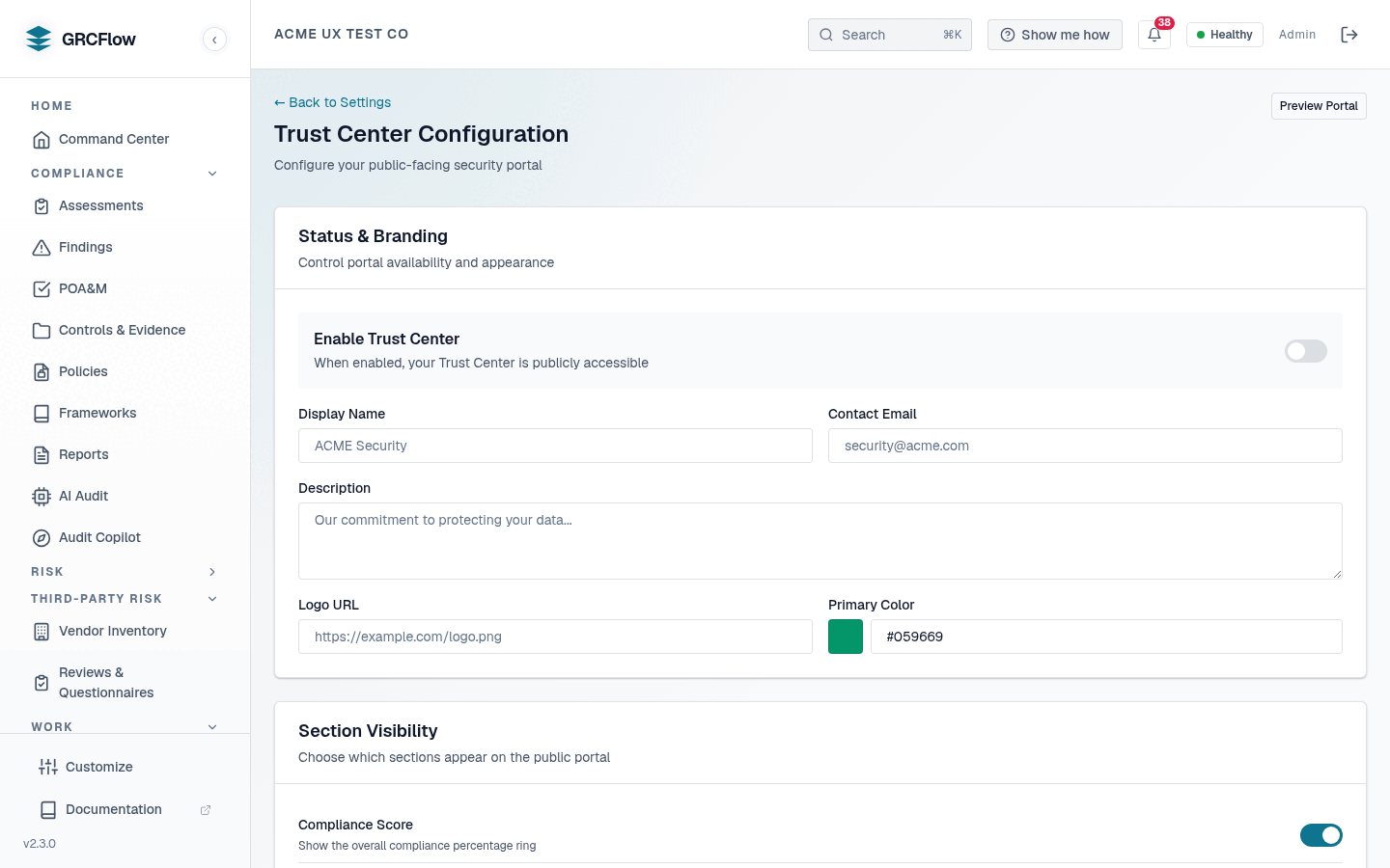 The GRCFlow Trust Center configuration screen: an Enable Trust Center toggle for public accessibility, display name, contact email, description, logo URL and primary colour fields, and a Section Visibility panel with a Compliance Score toggle.