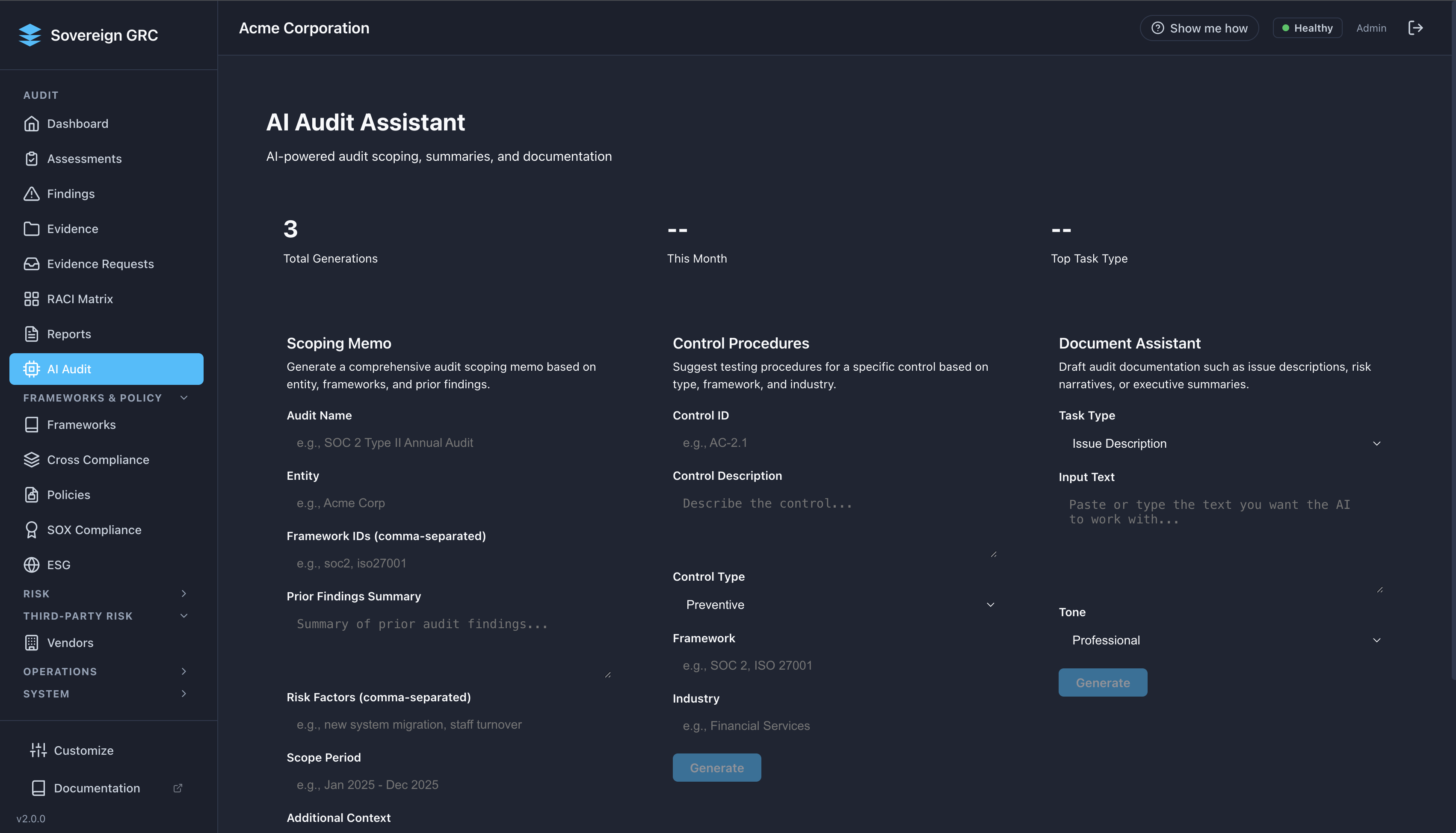 Sovereign GRC audit assistant for scoping, control procedures, and documentation